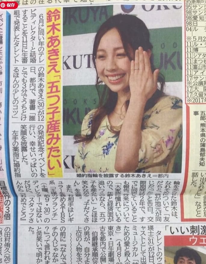 鈴木あきえさん婚約記事